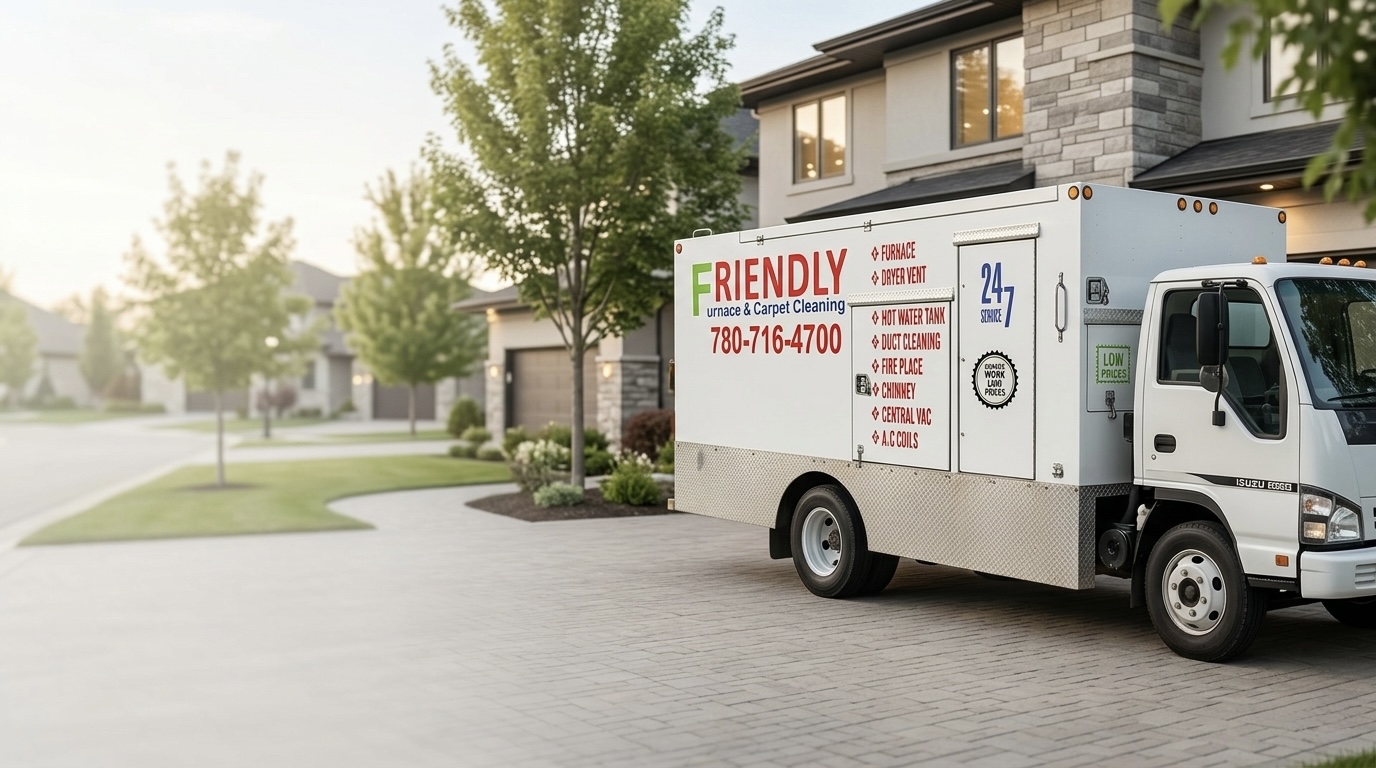 Friendly Furnace service truck parked outside a modern suburban home in Edmonton.