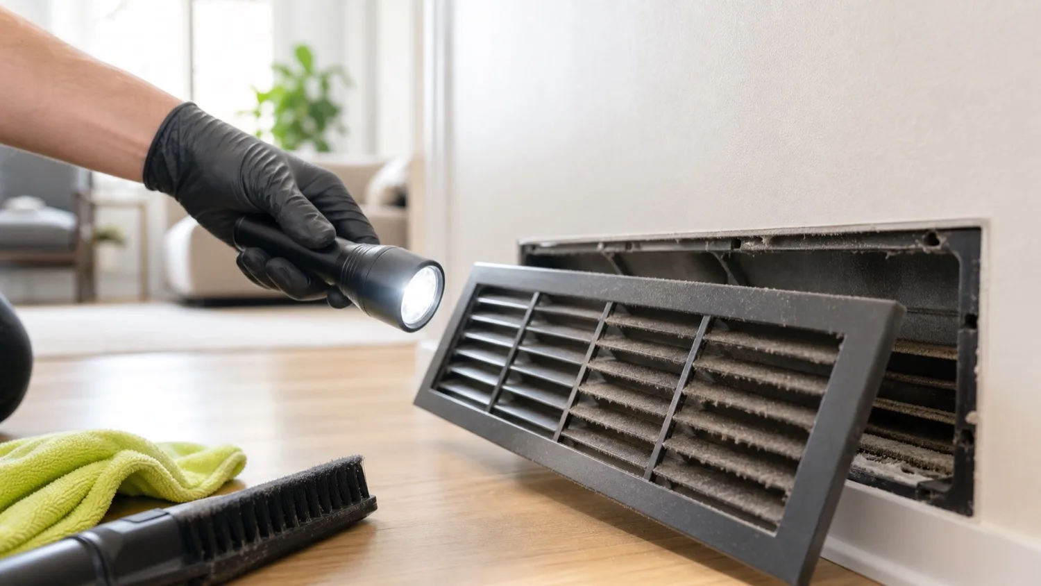 Dusty floor air vent in a Canadian home being inspected with a flashlight