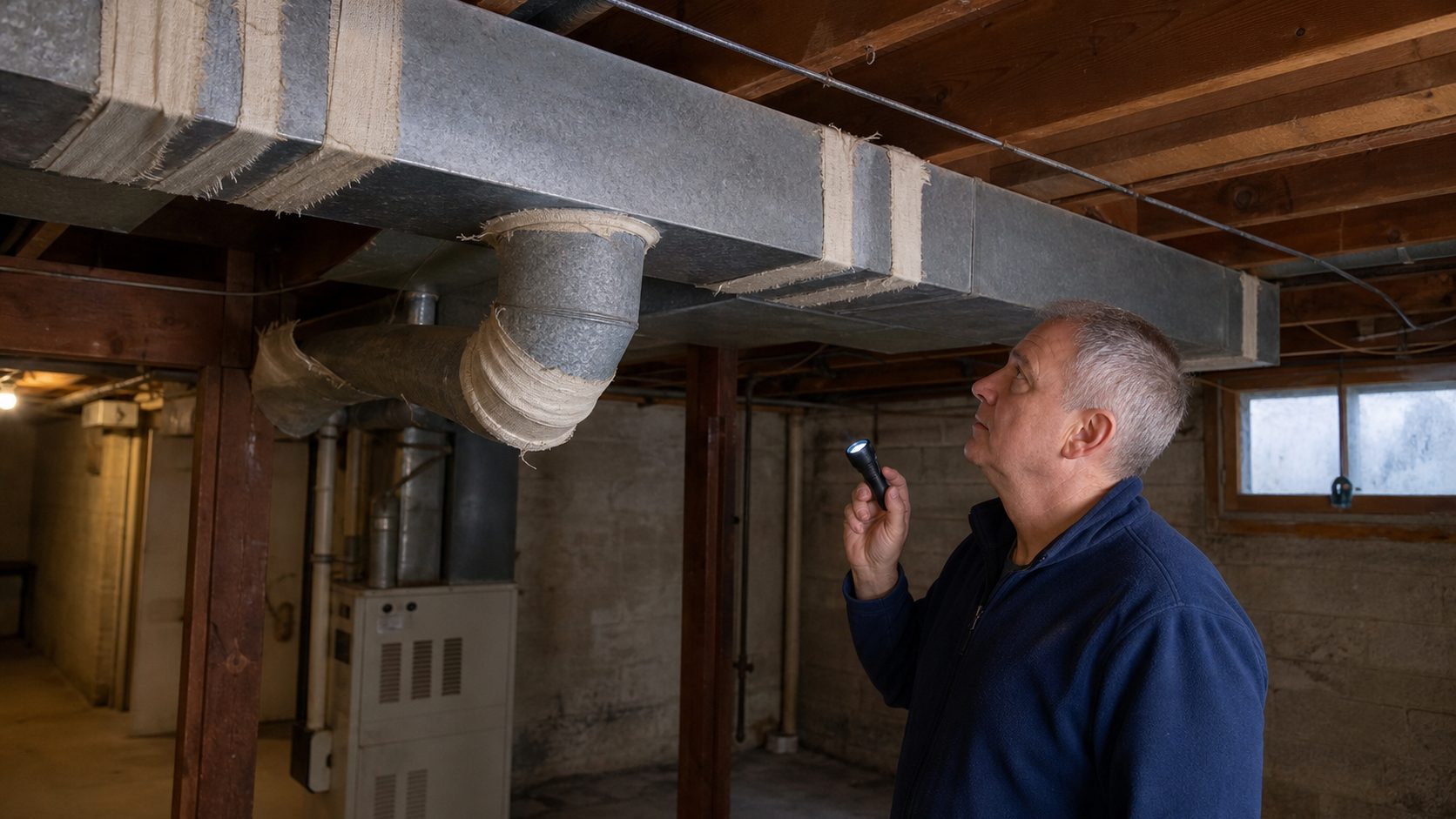 Older home ductwork in a basement