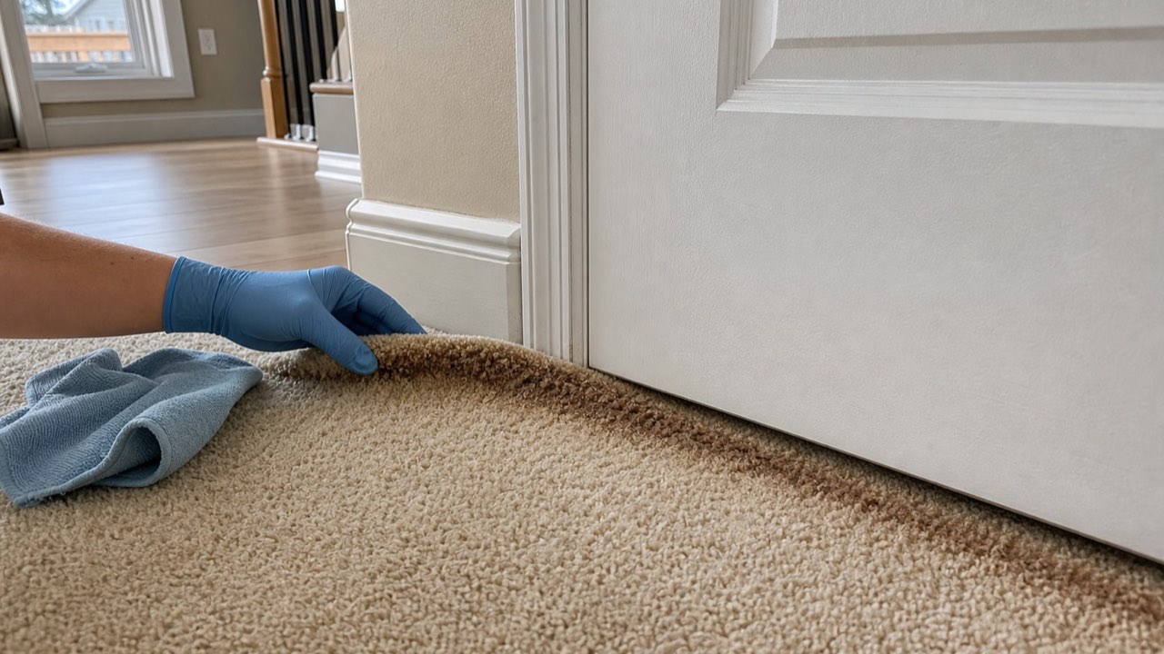 Close-up of a carpet being inspected for stains