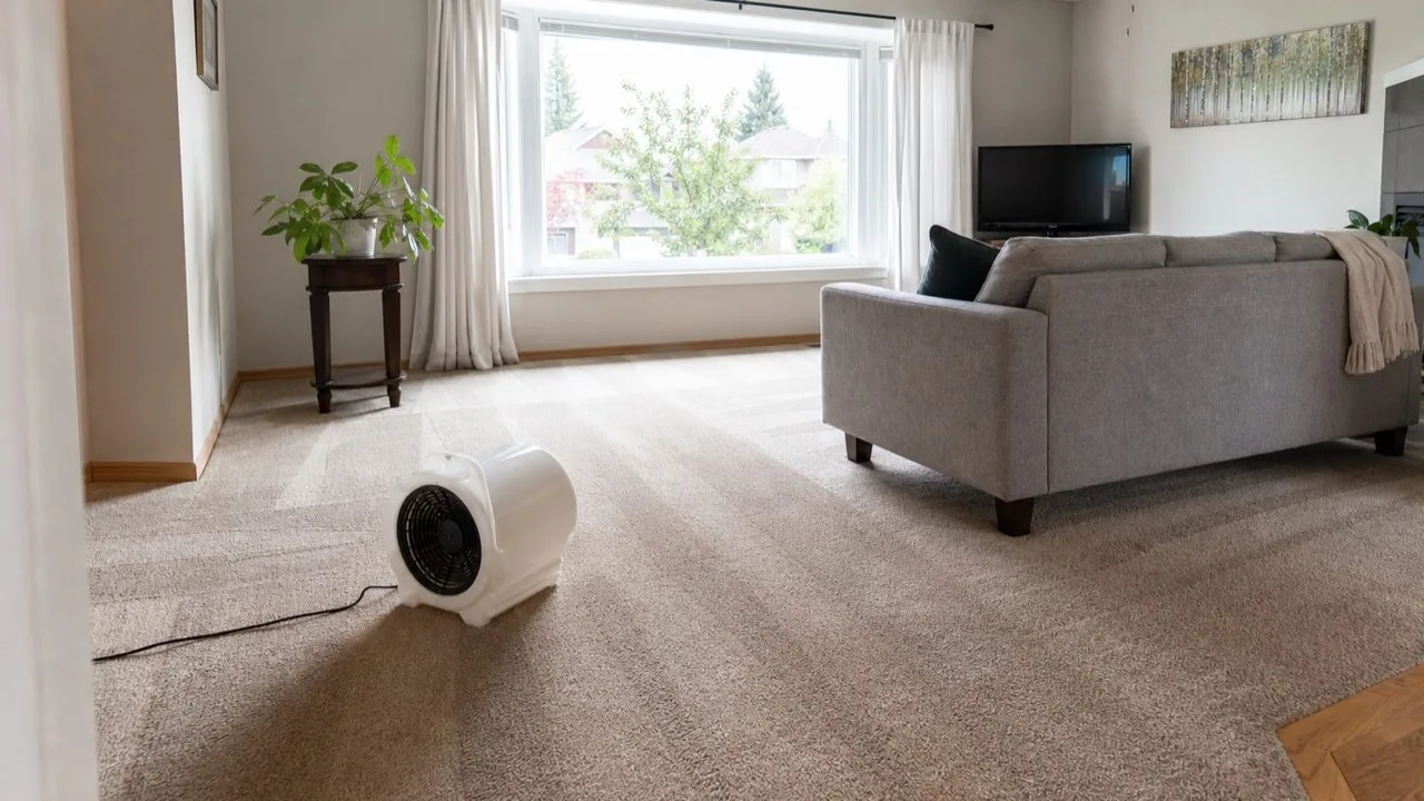 Freshly cleaned carpet drying in a bright living room