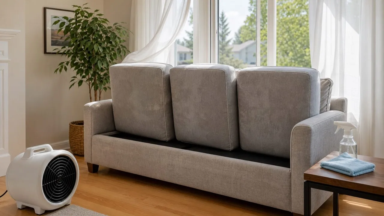 Freshly cleaned couch drying in a living room