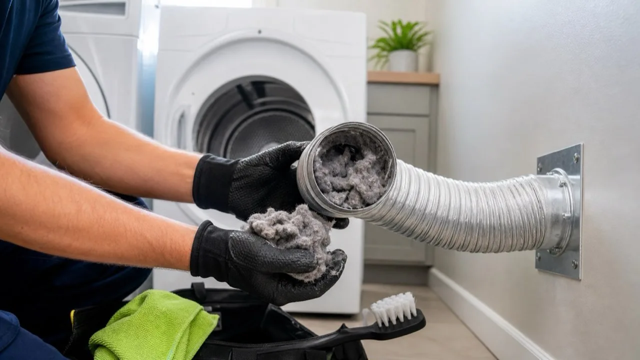 Gloved hands removing lint from a dryer vent hose in a Canadian home laundry room