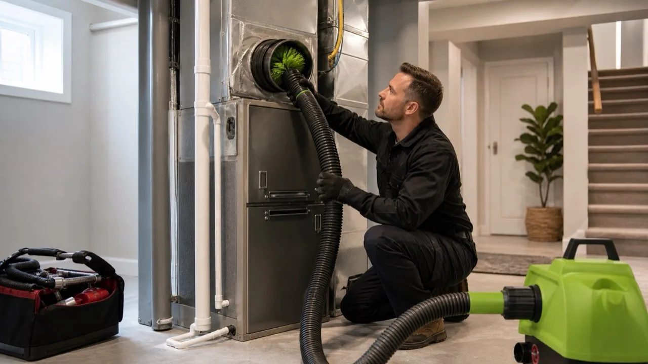 Professional furnace and duct cleaning equipment inside a Canadian home utility room