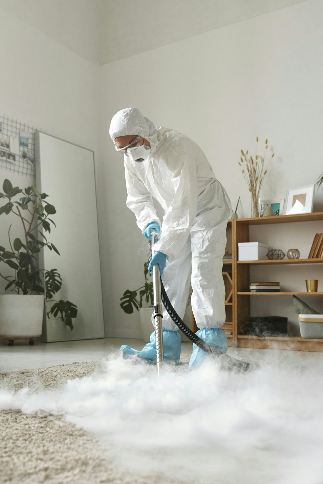 Person applying spot cleaner to carpet