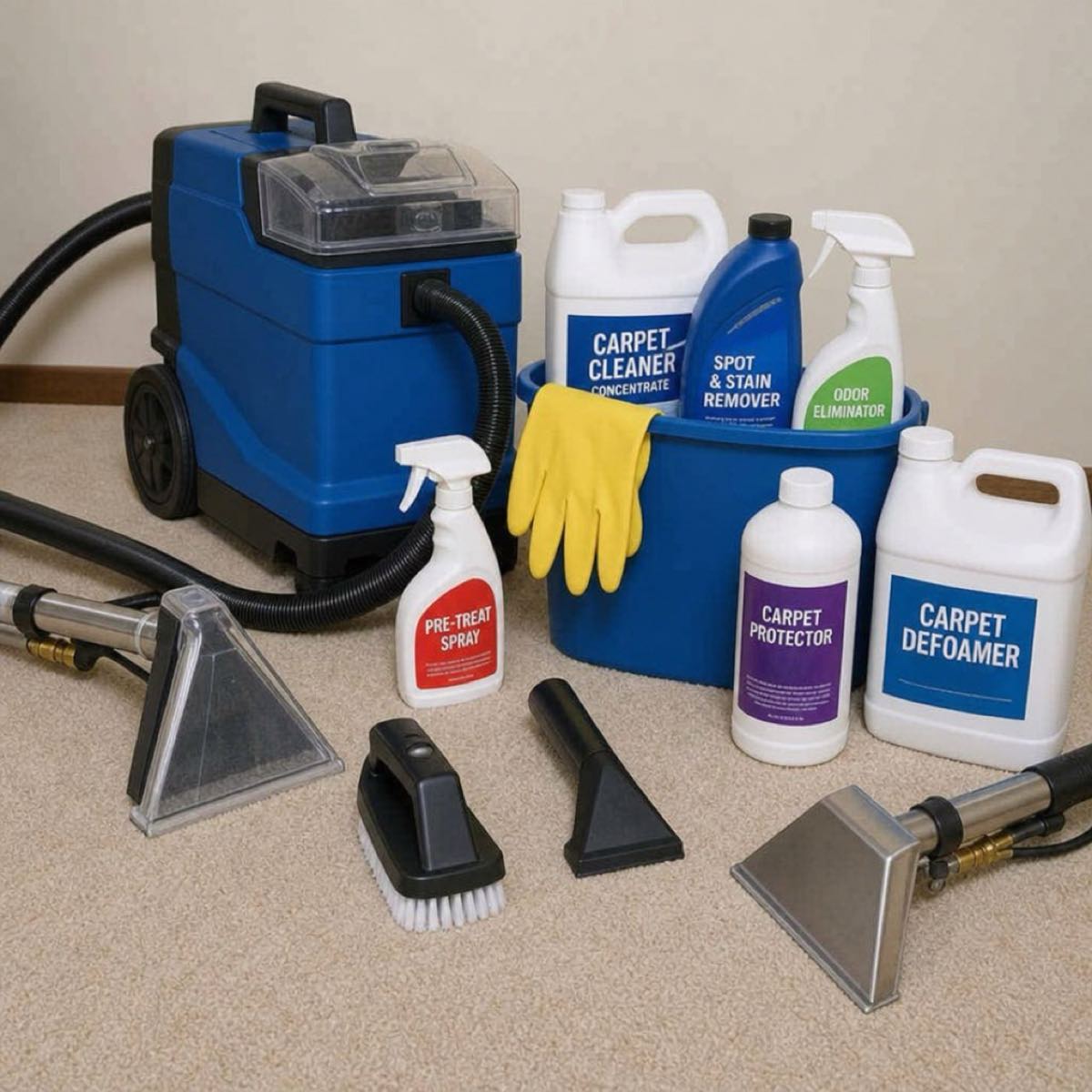 Various carpet cleaning tools and solutions