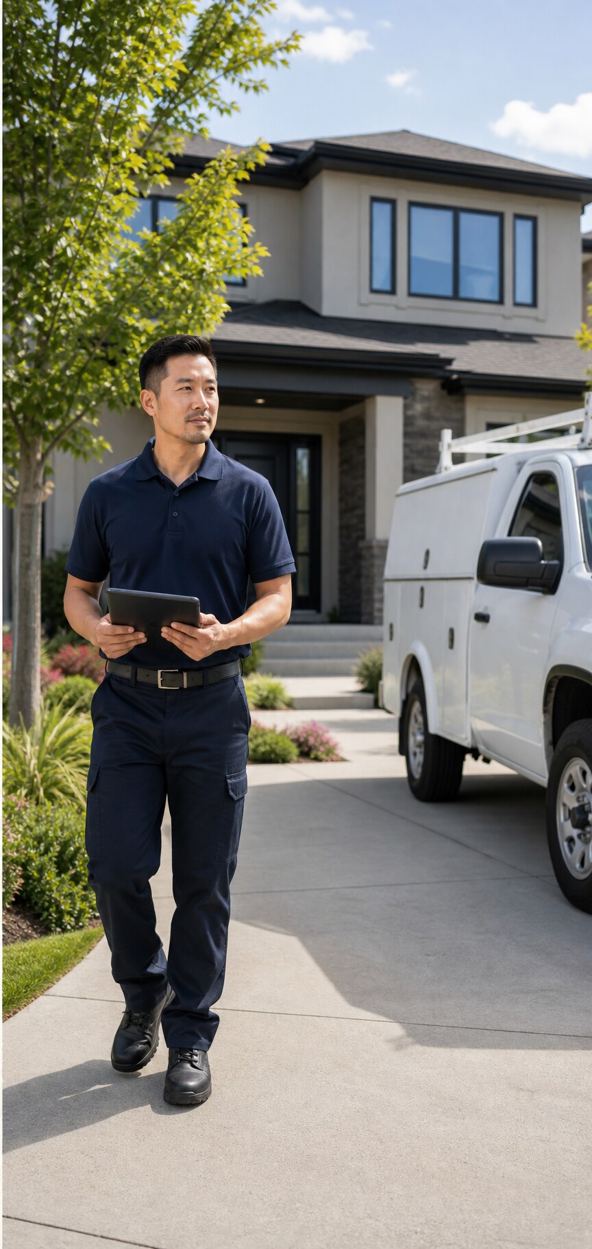 Friendly Furnace technician arriving at a modern North American home with a tablet and service truck nearby for an in-home estimate.