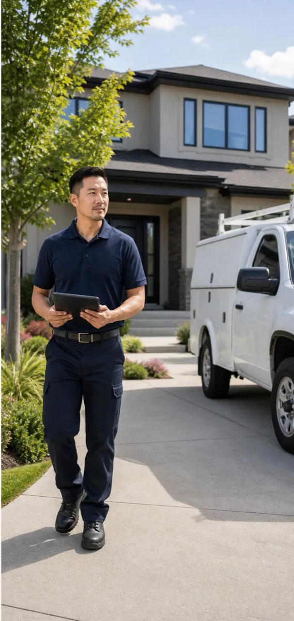 Friendly Furnace technician arriving at a modern North American home with a tablet and service truck nearby for an in-home estimate.