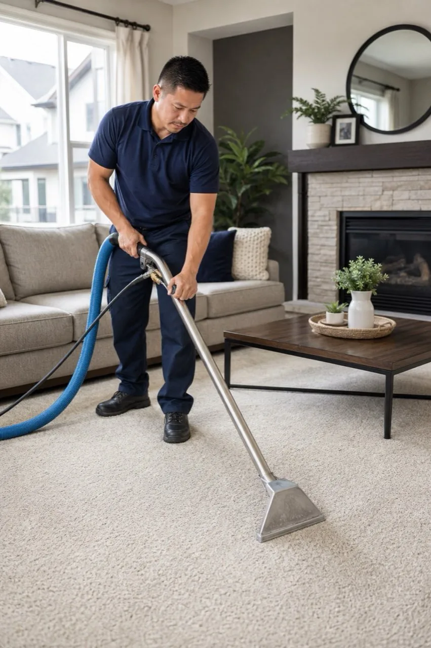 Technician deep cleaning carpet in a modern suburban living room